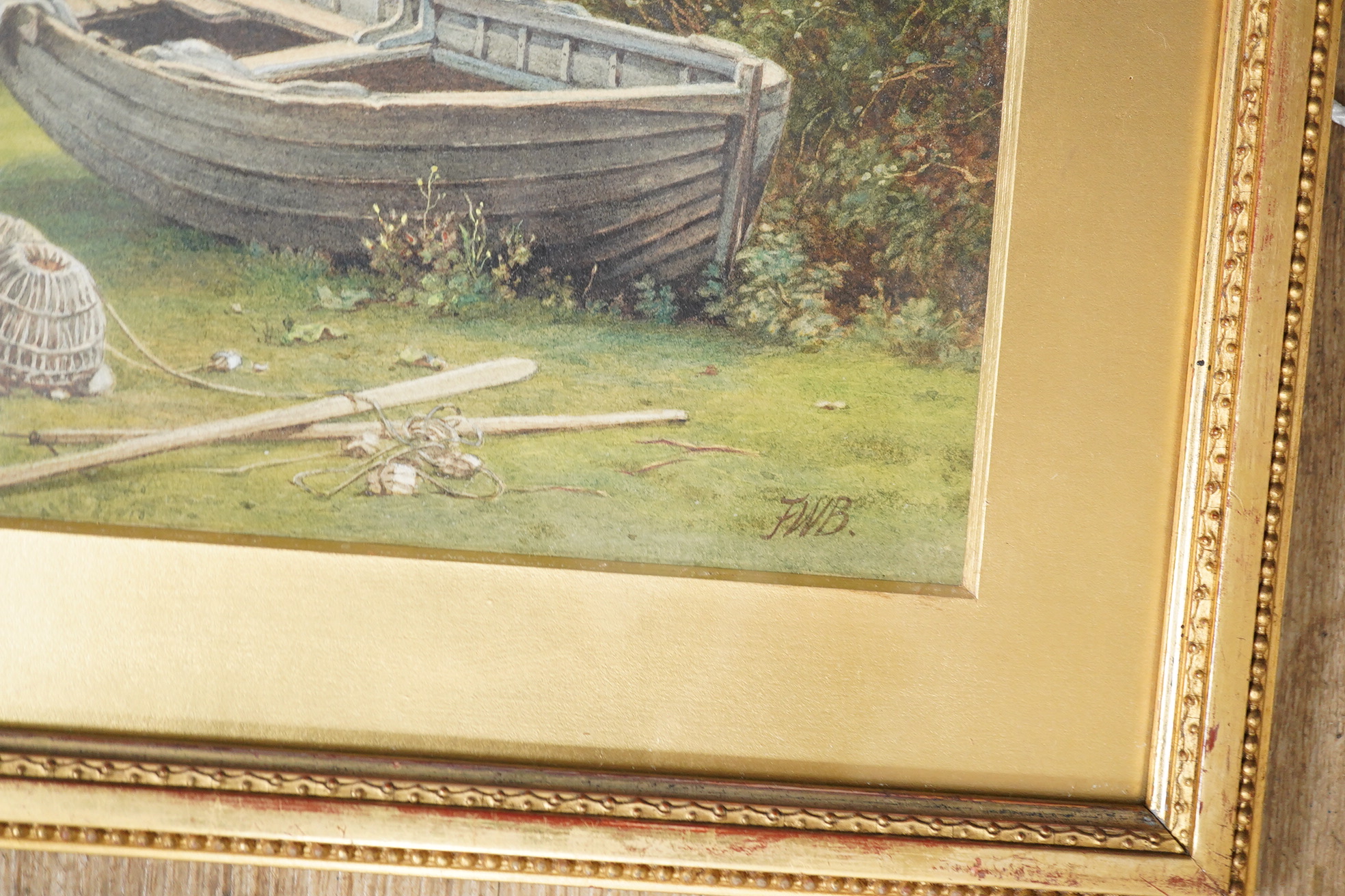 F.W.B., pair of watercolours, Boat shed and Beached boat, each monogrammed, 16 x 27cm, housed in gilt frames. Condition - fair to good